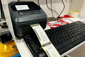 A label printer printing a label in a workshop setting, placed next to a keyboard on a white shelf, with various tools and materials visible in the background.