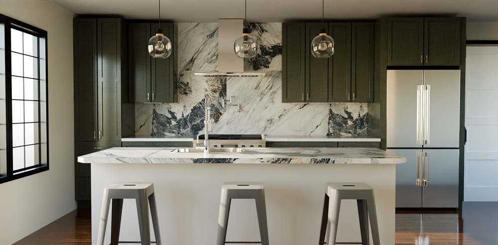 Kitchen interior design Kitchen interior design featuring a marble island with gray bar stools, dark green cabinetry, stainless steel appliances, pendant lighting, and natural wood flooring illuminated by sunlight from a large window.