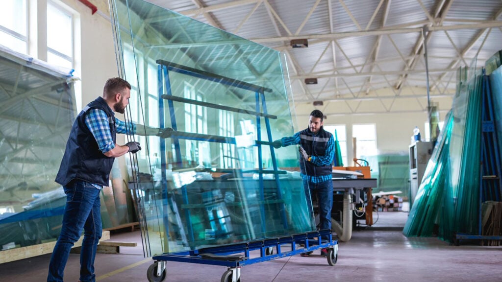 Two workers assembling glass products in a factory.