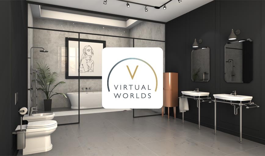 A modern virtual bathroom with Virtual Worlds logo.