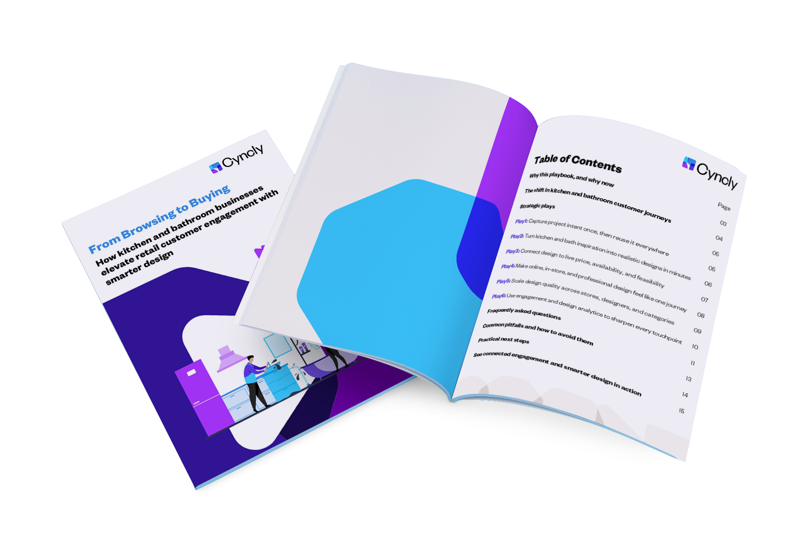 Open book mockup of Cyncly’s “From Browsing to Buying” playbook displaying cover art and contents focused on connected retail engagement and smarter kitchen and bathroom design.