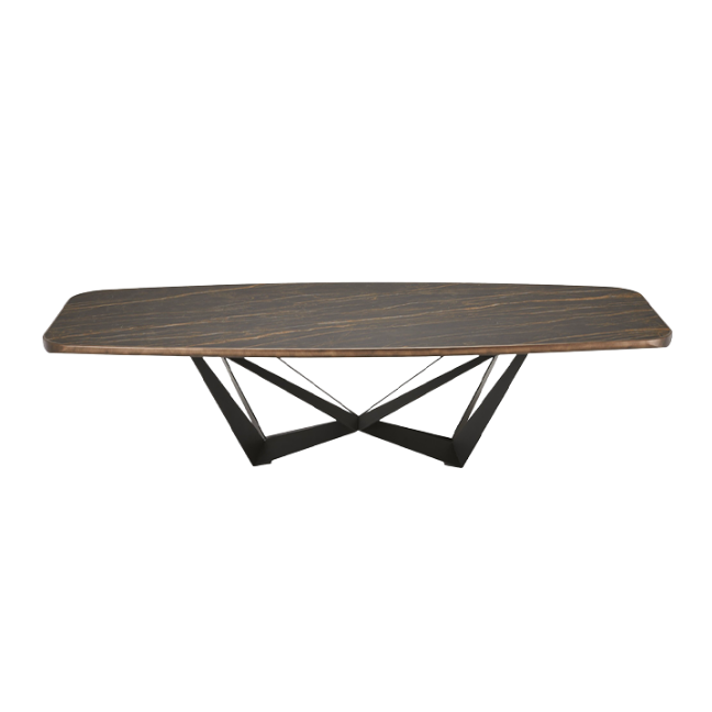 A rectangular dining table made of wood with a black base.