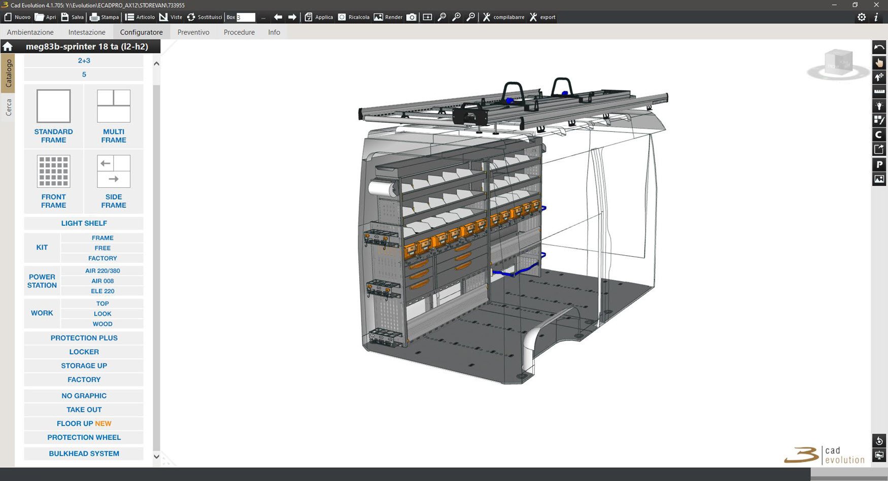 A digital interface showing the design of a van's interior storage system.