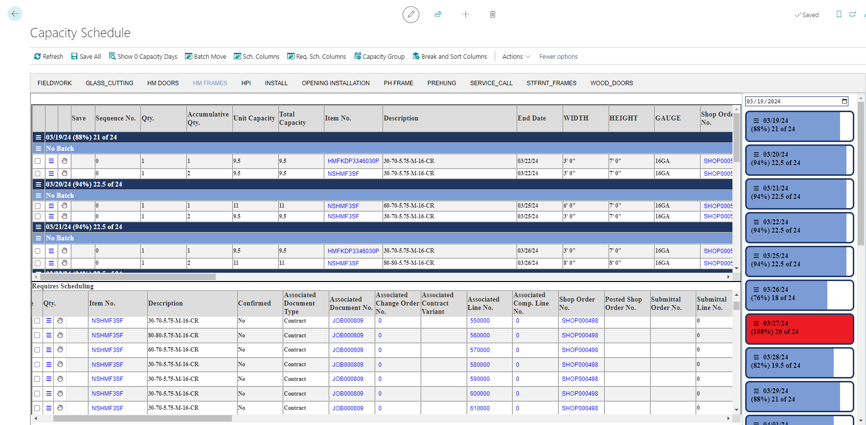 Screenshot of the ContractERP Capacity Schedule module showing detailed scheduling information for various tasks, including sequence numbers, accumulative quantities, and unit capacities. The interface displays data categorized by date and job, with options to save, batch move, and sort columns.