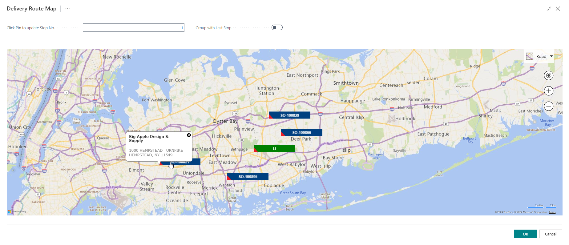 Screenshot of the ContractERP Delivery Route Map module. The screen shows a map with delivery routes plotted, indicating multiple stop locations for orders with corresponding addresses and identifiers. Options to group by the last stop and update stop numbers are visible.