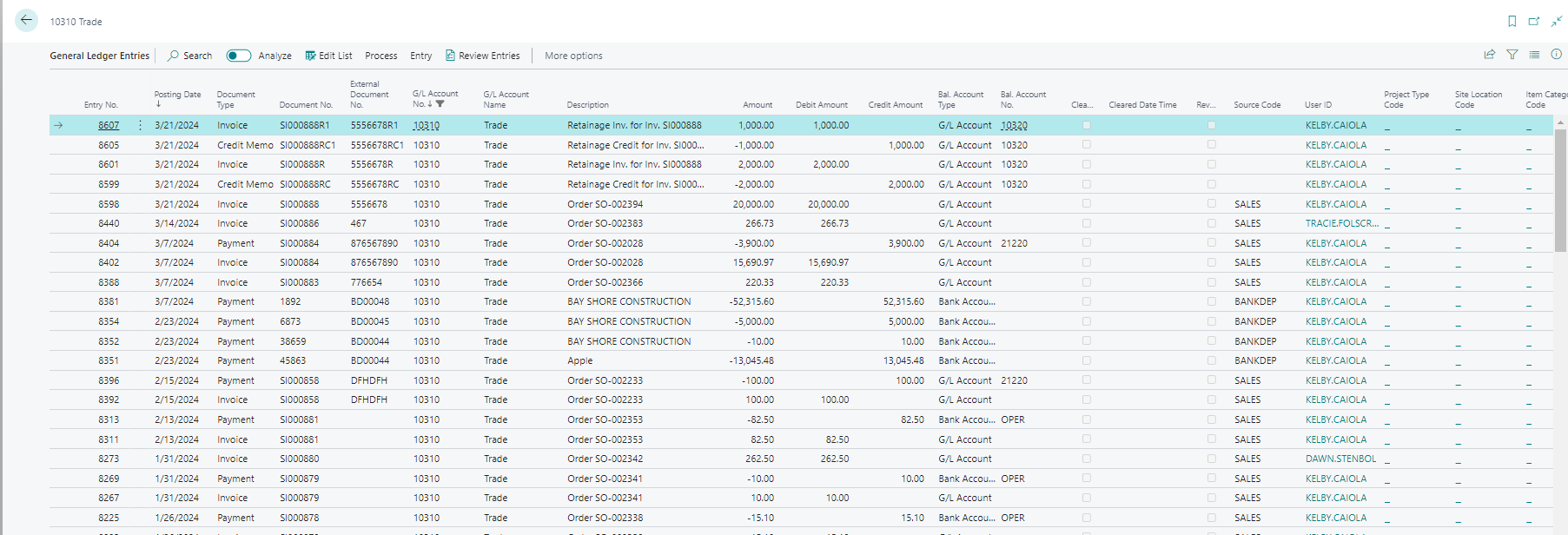 Screenshot of the ContractERP Financials and Accounting module, showing general ledger entries. The interface lists transaction details, including entry numbers, posting dates, document types, G/L account numbers, descriptions, and debit and credit amounts.