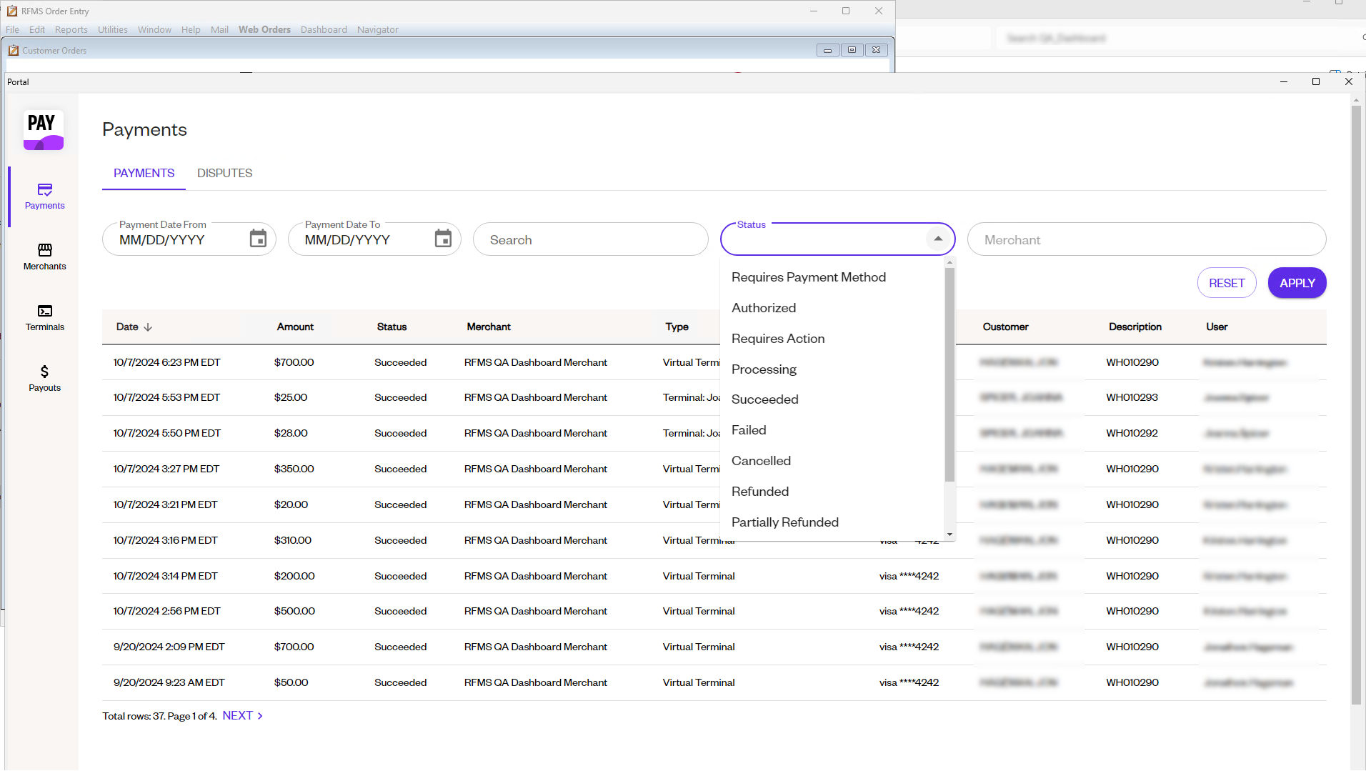 Displays a searchable list of customer orders, with columns for order number, delivery status, customer details, and order totals, allowing efficient order management.