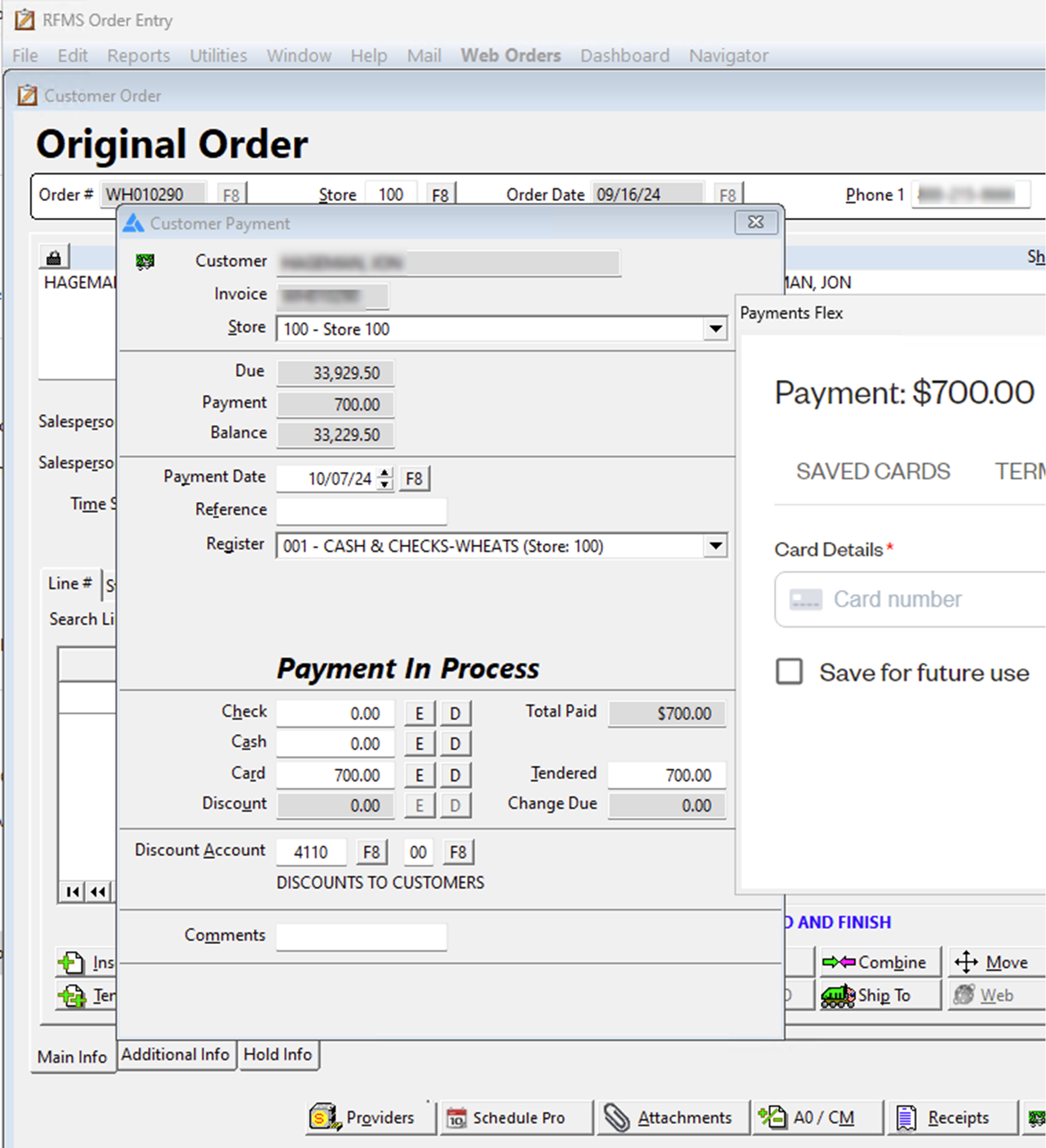 Shows the "Original Order" screen with payment details, including balance, payment amount, and card entry fields for customer payments via card, terminal, or saved payment options.