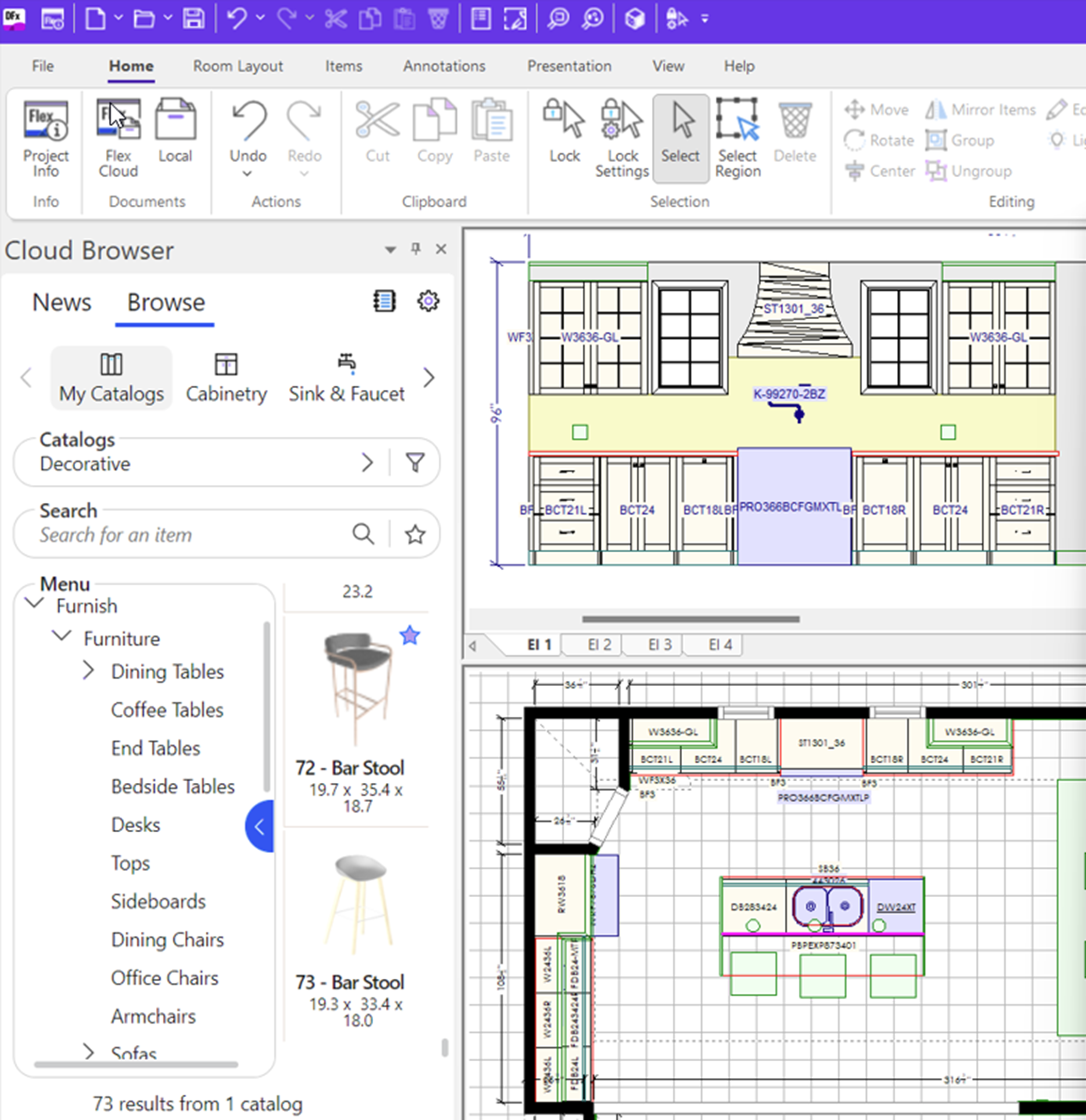 A screenshot of the layout design interface in Design Flex. It shows a floor plan with options for furniture, cabinetry, and decorative items in a catalog browser, and a list of attached documents related to the design project.