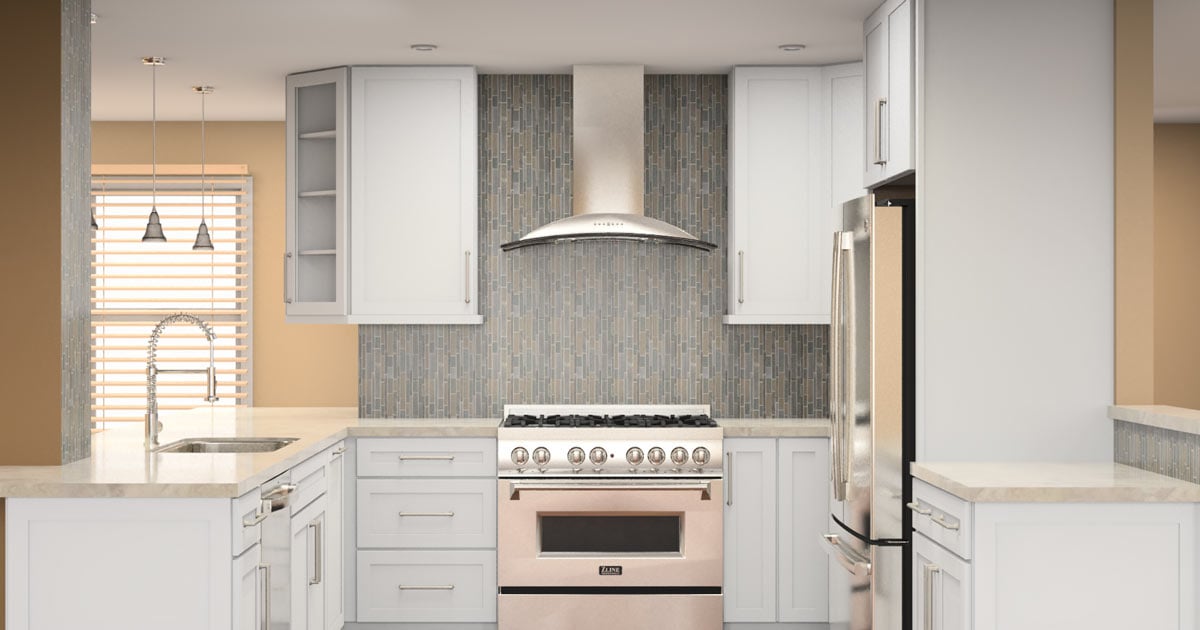 Bright and modern kitchen design created using Design Live by Justine Marie Designs. Features a white island countertop, stainless steel refrigerator, and gray tile backsplash with natural light streaming in through the window.