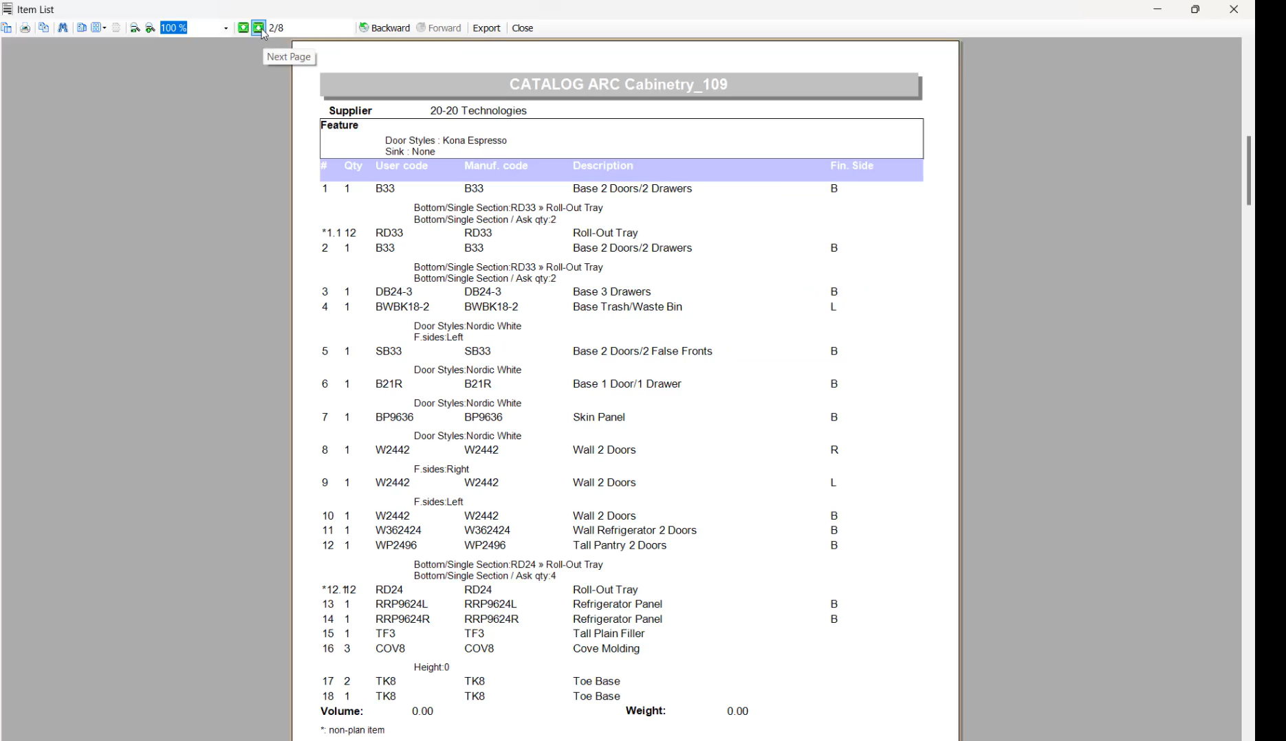 Item list and quotation screen in Design Live showing a catalog of cabinetry and fixtures with codes, descriptions, and pricing details.