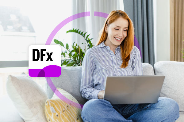 A woman is exploring the Design Flex on a laptop