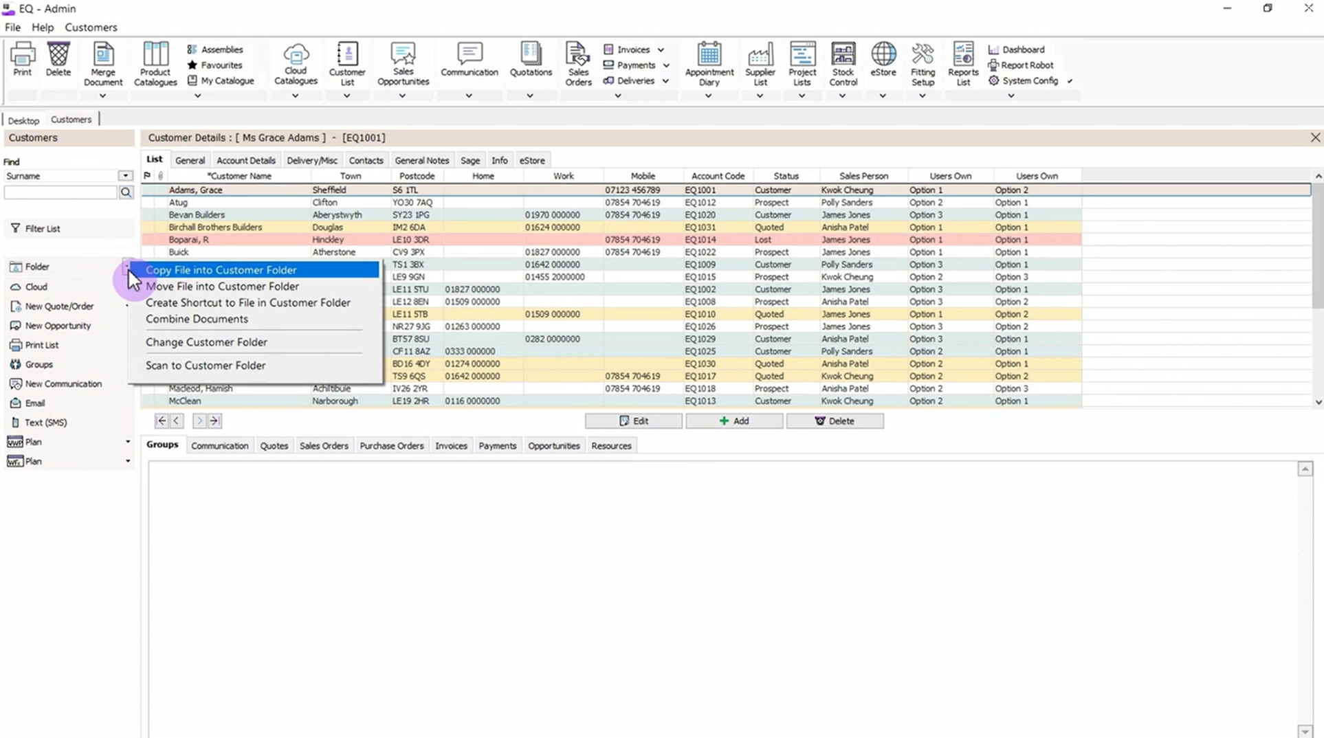 Screenshot of EQ Flex's document management interface, highlighting file organization and options for moving, copying, and managing customer-related documents.