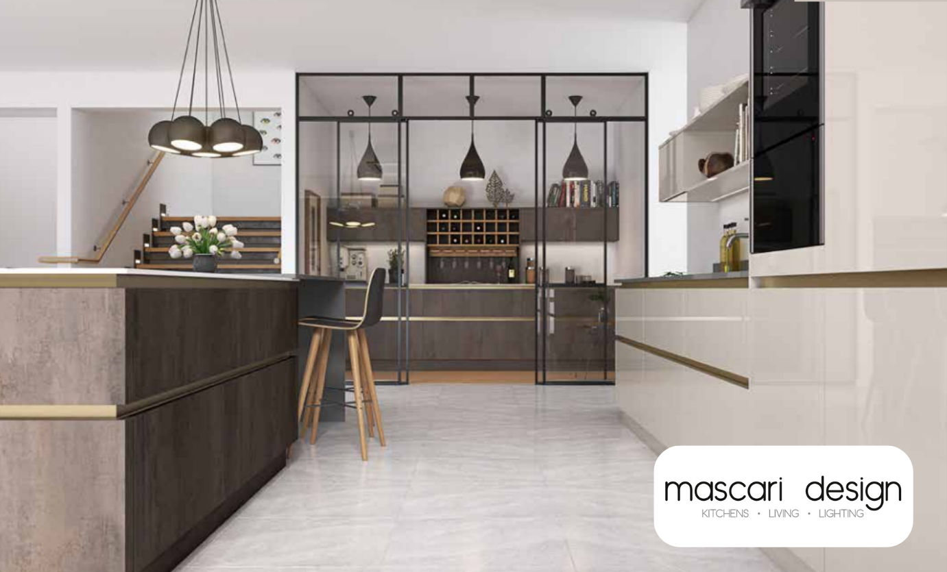 Modern kitchen with sleek dark and light cabinetry, a central island featuring pendant lighting, and a glass-enclosed wine and storage area in the background. Mascari Design logo is displayed in the bottom-right corner.