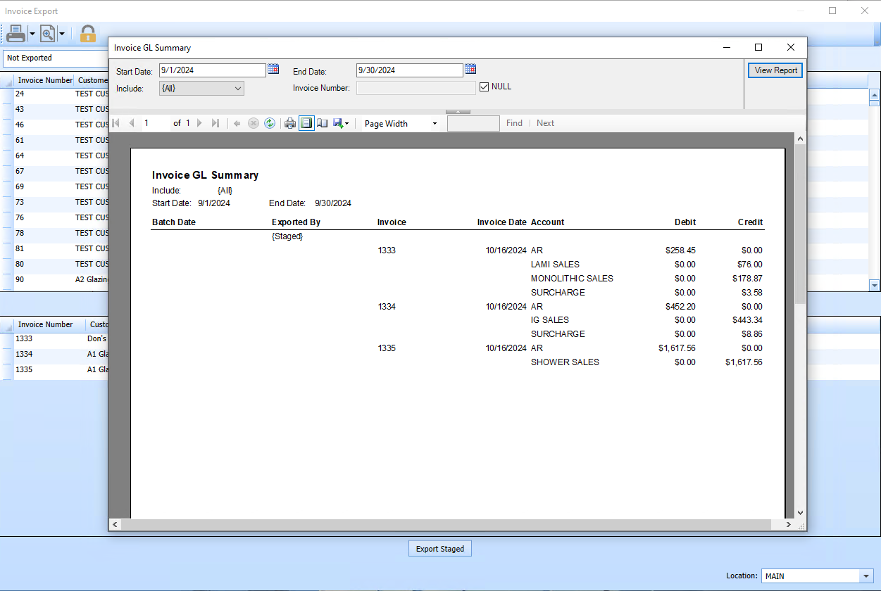 The screen you've shared shows the Invoice GL Summary for a date range from September 1, 2024, to September 30, 2024. It lists the invoices exported during this period, along with the associated accounts, debit, and credit amounts.