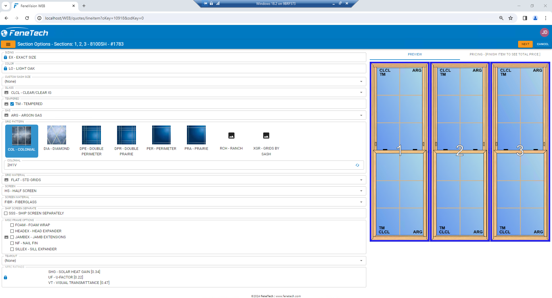 Screenshot of FeneVision's sales acceleration module, displaying a section of product configuration with various options for grid patterns, glass types, and frame materials for a window unit.