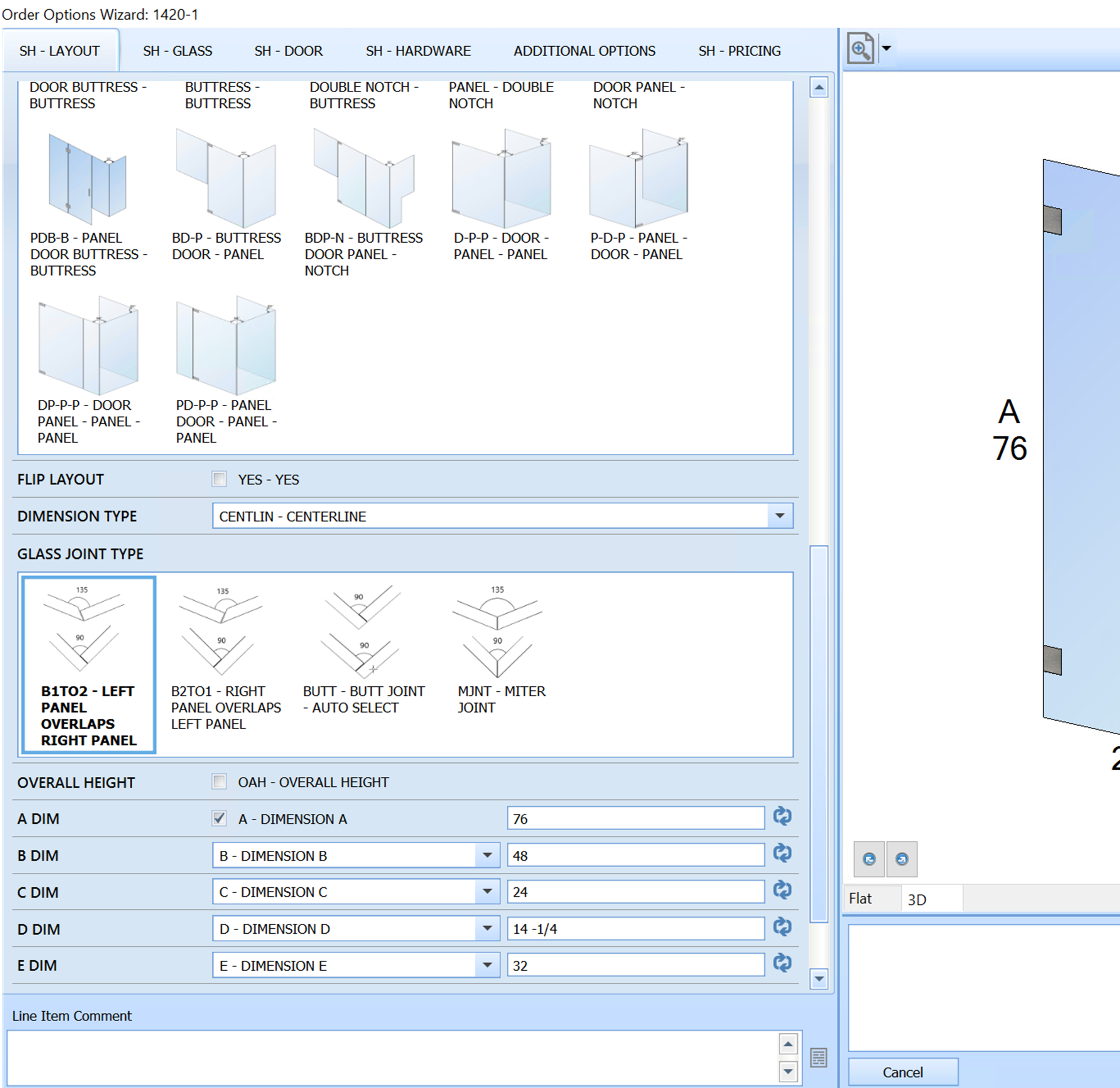 FeneVision Shower Designer interface showing layout options for glass panels in a shower. The right side displays a 3D preview of the shower design with panel dimensions, and the left side offers configuration options for layout and glass joint types.