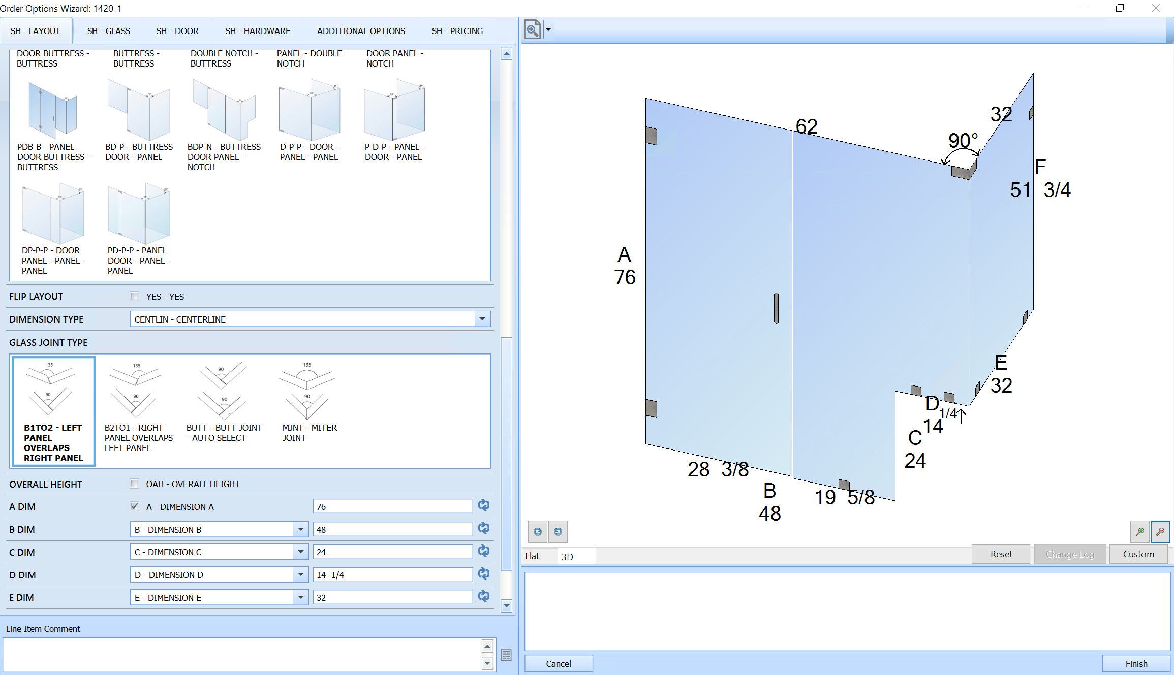 FeneVision Shower Designer interface showing layout options for glass panels in a shower. The right side displays a 3D preview of the shower design with panel dimensions, and the left side offers configuration options for layout and glass joint types.