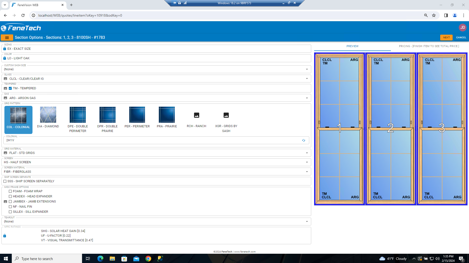 FeneVision WEB interface showing a quote configuration screen for a window product. The left side displays options for sizing, color, glass type, and grid pattern, while the right side shows a preview of three windows in a colonial grid pattern.