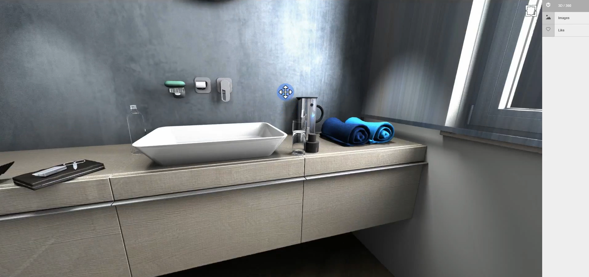 360° interactive bathroom render showcasing a sleek vanity setup with a contemporary basin, faucet, and mirror, providing a fully immersive design experience.