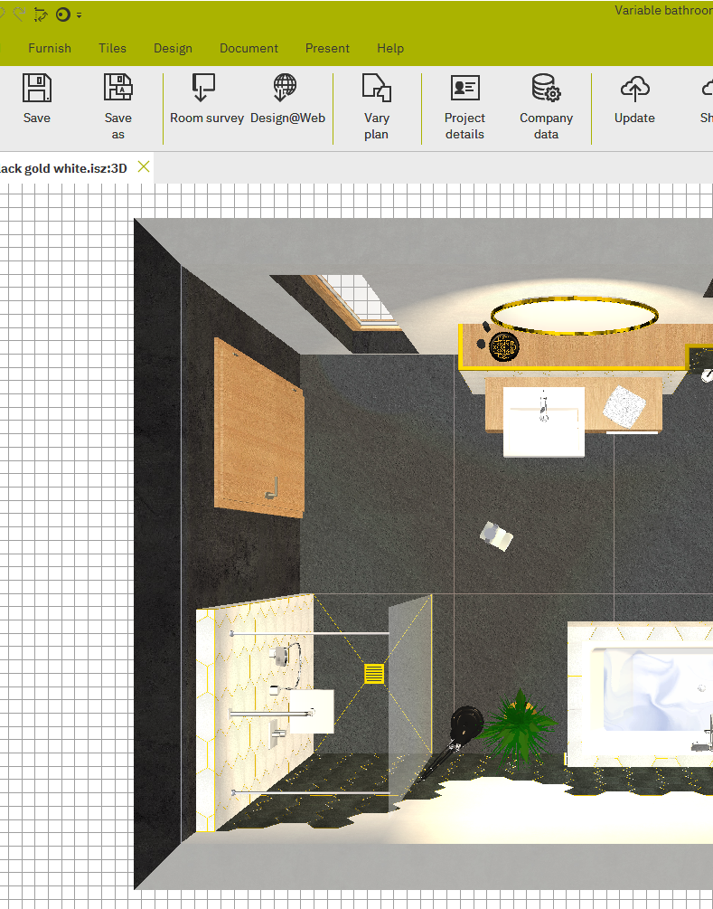 3D bathroom design interface in Innoplus showing an overhead view of a modern bathroom layout with a bathtub, vanity, and shower enclosure.