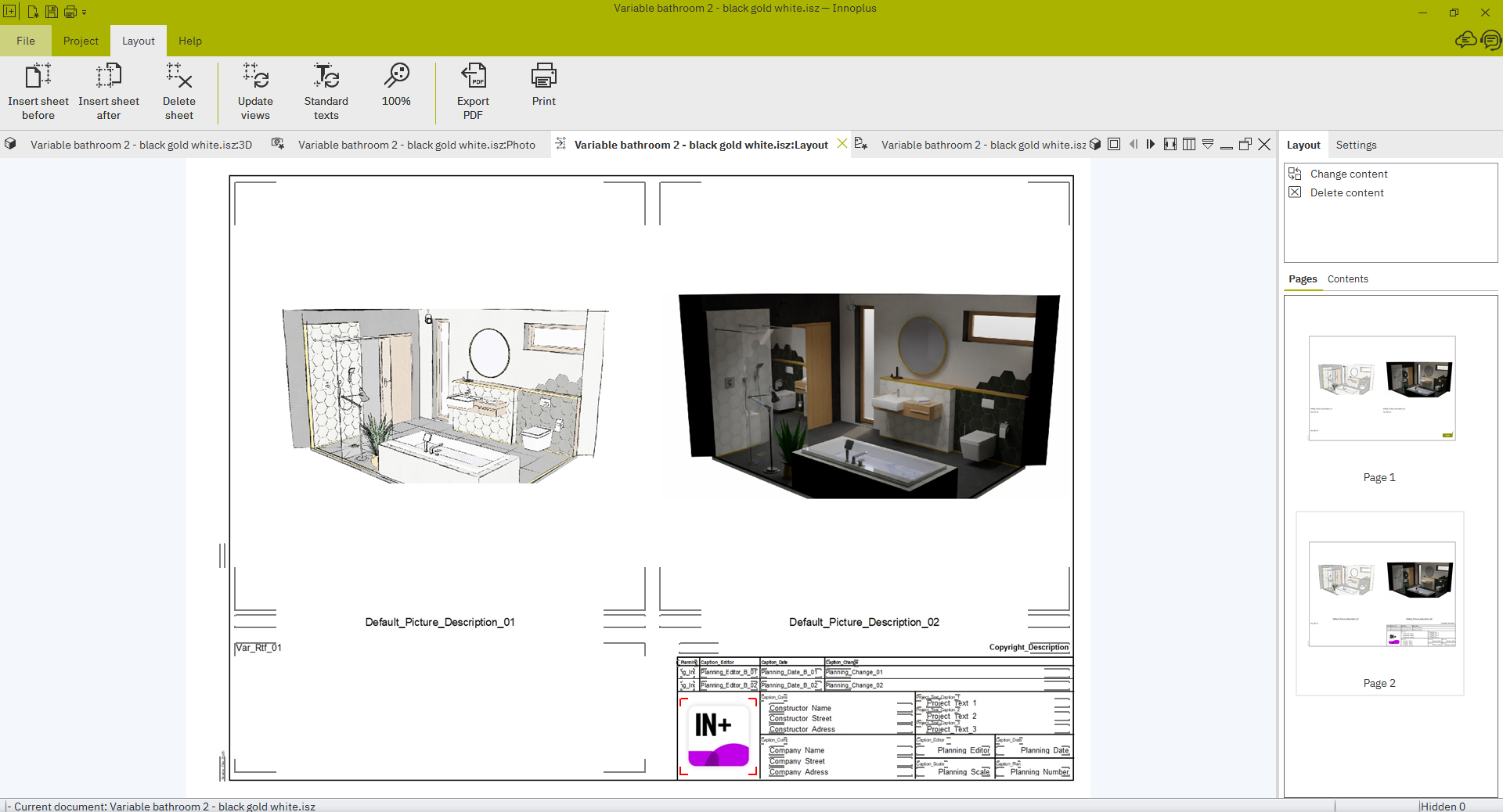 Installation planning view in Innoplus displaying different bathroom design perspectives, including both sketched and rendered images with project details.