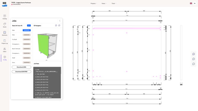 A 3D engineering interface in 3CAD displaying a cabinet design with detailed dimensions and specifications. The left panel shows options for selecting different parts of the cabinet, including sides, top, bottom, and components. There are options to download AMB and CSV/PDF files, along with a job list of actions displayed below the cabinet rendering. The right panel features a technical diagram with precise measurements for manufacturing the cabinet.