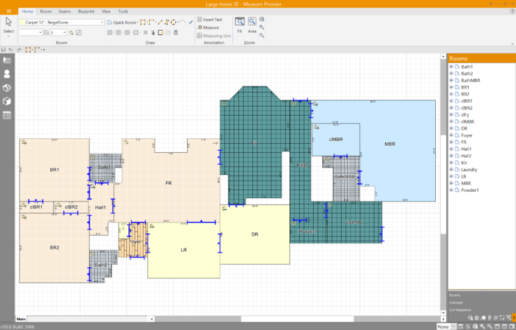 This screen allows users to draw the layout of the space by defining room areas and dimensions. Users can quickly select rooms and walls to create a detailed floor plan. The grid layout assists in accuracy, and different room labels make it easy to identify areas.