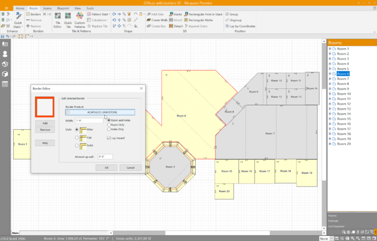 Here, users can input additional project details such as border patterns and other specific design elements. The border editor enables users to define styles, widths, and product choices for borders, adding further customization to the project.