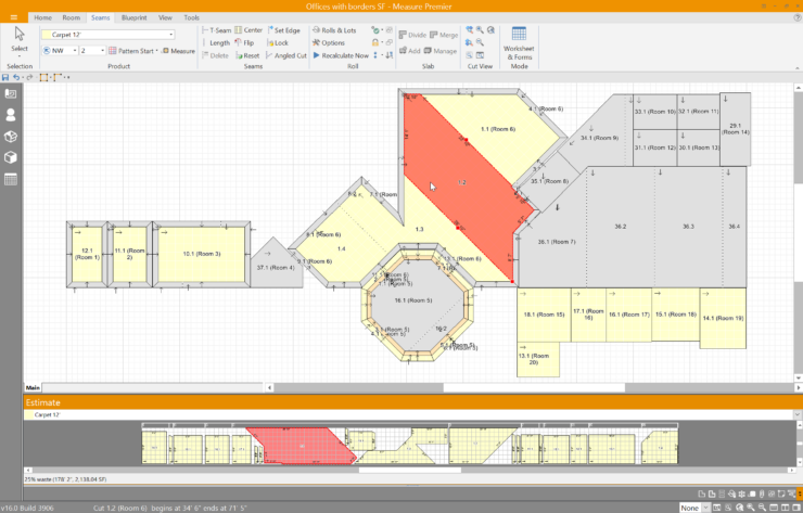 This screen displays the estimated material usage after rooms are defined and materials assigned. It shows detailed cut and seam layouts, helping users visualize the installation plan and calculate the required materials accurately.