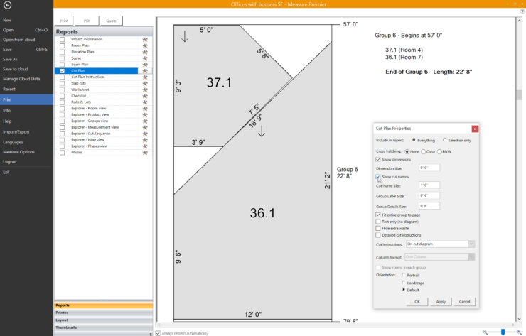 Users can view the results of the estimation and print various reports, such as seam plans, room dimensions, and cut lists. This screen ensures all relevant details are organized and ready for review or for sharing with clients and installers.