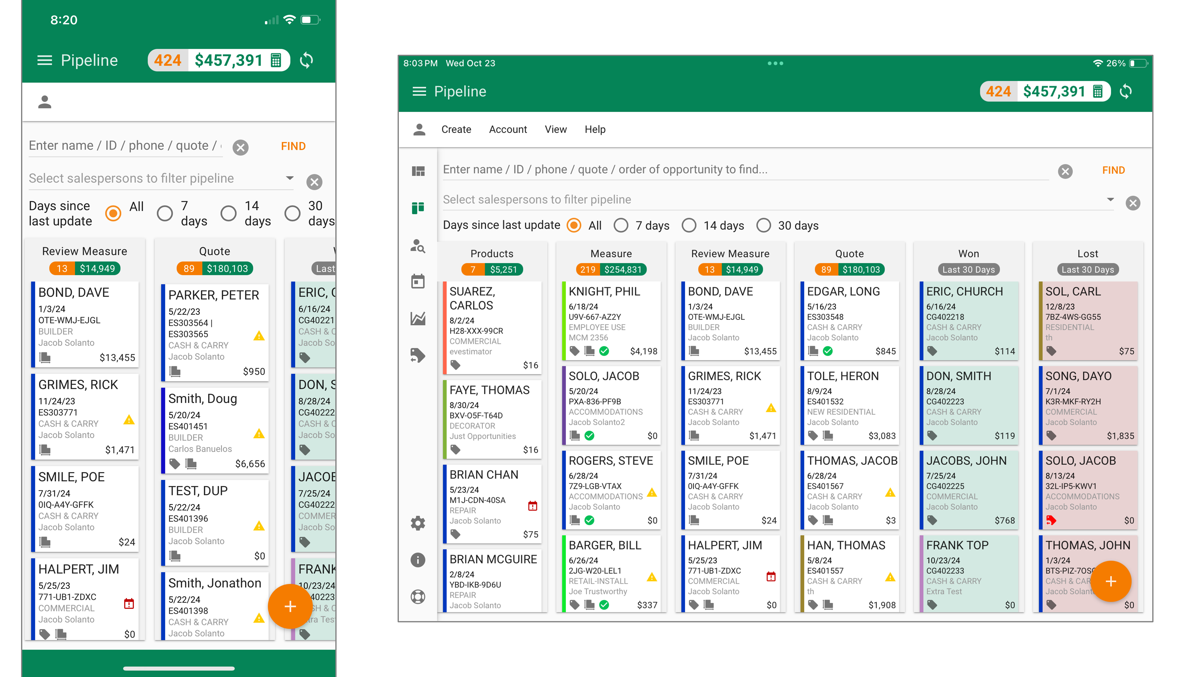 Screenshot showing the CRM pipeline view in RFMS mobile app, displaying sales opportunities categorized by stages such as "Products," "Measure," "Review Measure," "Quote," "Won," and "Lost." Each tile includes customer names, dates, and amounts.