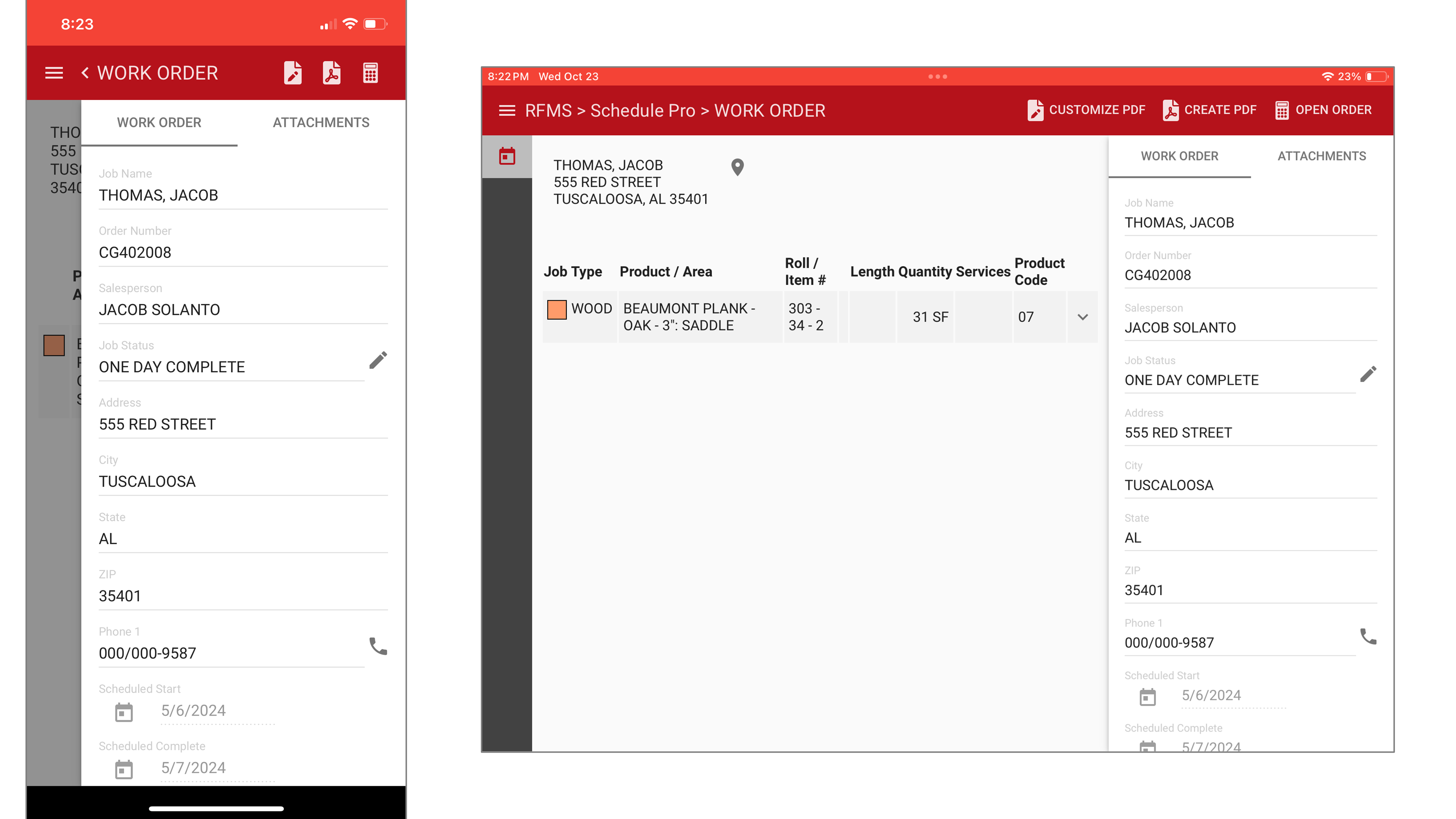 Screenshot of the RFMS Work Order mobile app showing job details for a customer, including job type, product area, order number, and scheduled start and completion dates.