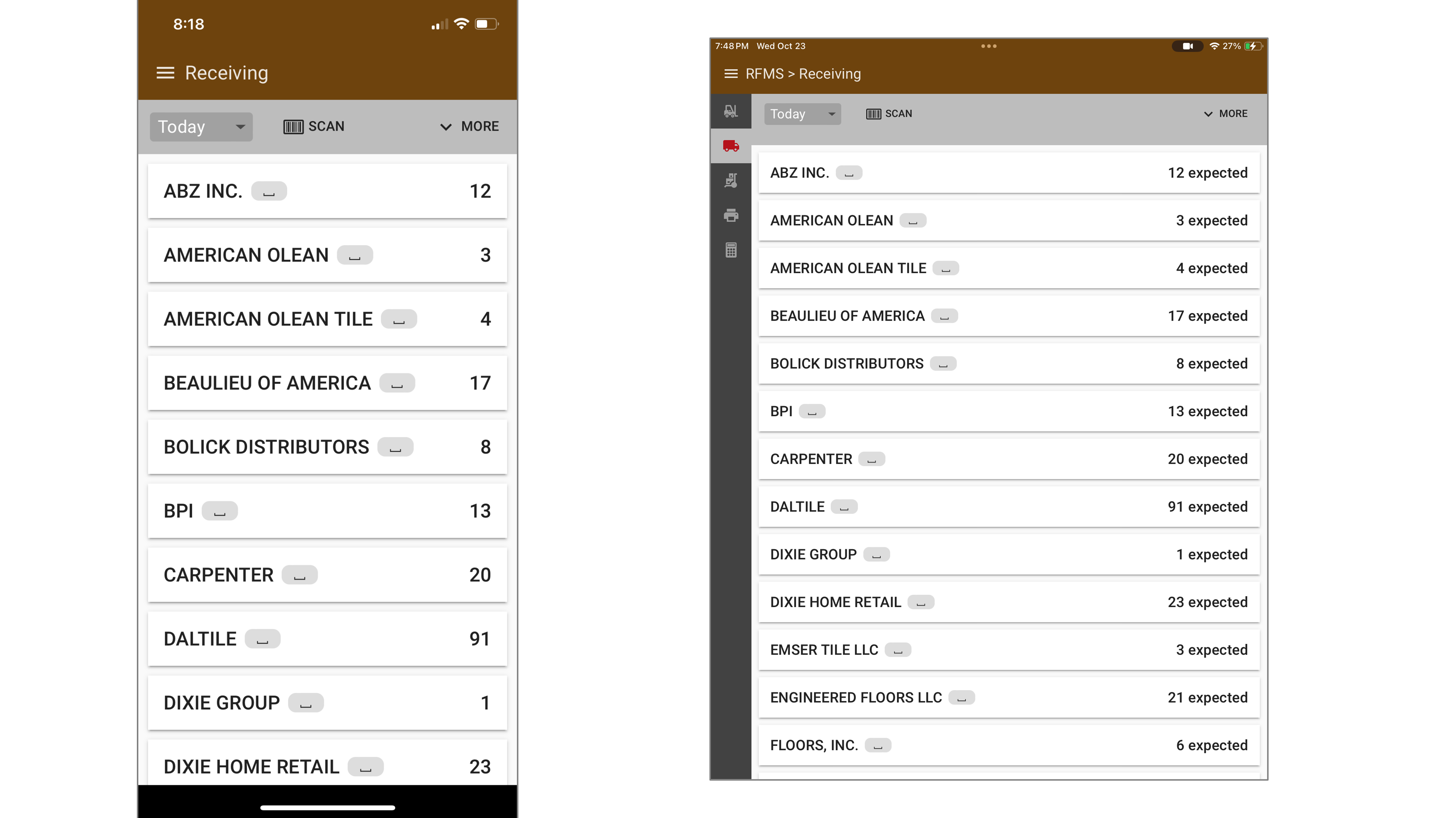 Screenshot showing the RFMS Warehouse app's receiving module, listing incoming deliveries from various suppliers, with expected quantities and product details.