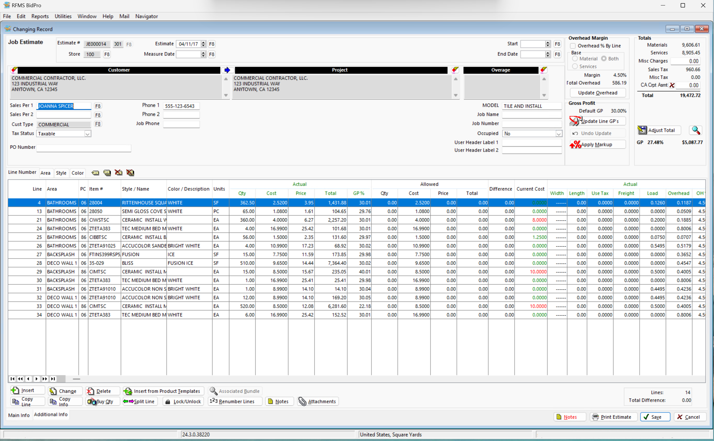 Screenshot of the RFMS BidPro module displaying job estimate details, including cost, price, and gross profit for a commercial contractor job. The interface shows itemized lines for bathrooms and wall tiles with options to adjust total amounts and apply overhead margin.