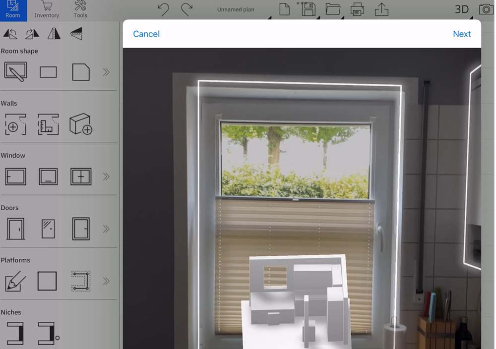 A kitchen window being scanned with the Room Survey tool, displaying a 3D model overlay for precision in capturing room dimensions.