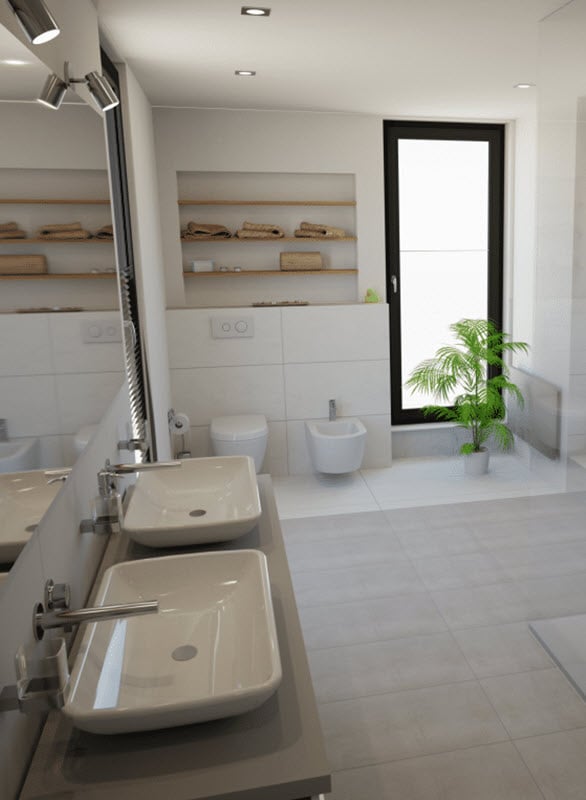 Bright and minimalistic bathroom with double sinks, large mirrors, and a walk-in shower designed with SimpliPlan.