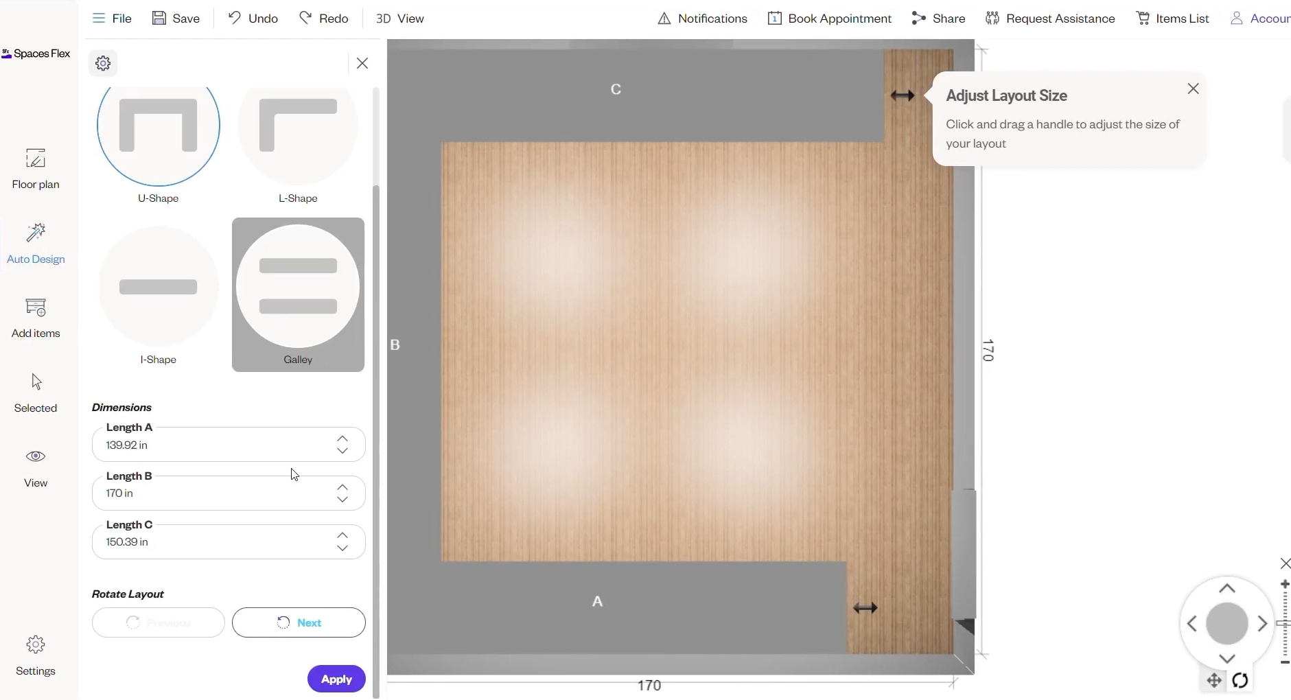 This image displays a 2D floor plan of a kitchen with a U-shaped layout, showing dimensions and spatial arrangement. It also highlights options for changing the design shape, with the user adjusting dimensions using quick inputs in the Spaces Flex interface.