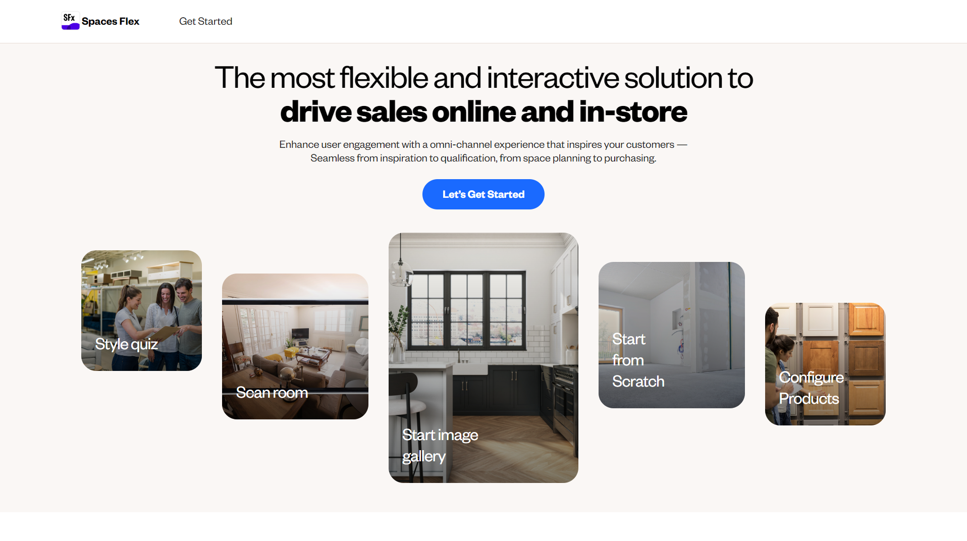 Eine Spaces Flex Landing Page mit einer klaren Aufforderung zum Start“, die verschiedene Funktionsoptionen wie ein Stil-Quiz, einen Scan-Raum, eine Startbildgalerie und eine Produktkonfiguration zeigt.