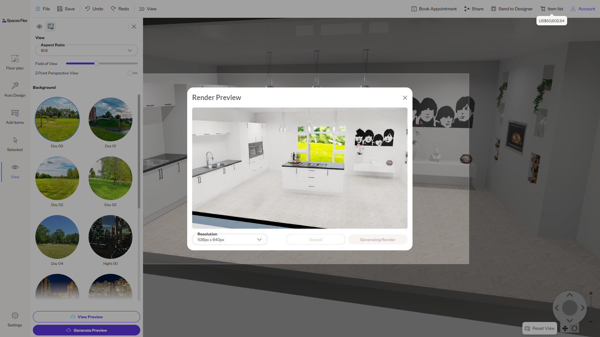 Render preview screen in Spaces Flex showcasing a modern white kitchen design with large windows. Users can select different background styles such as various daylight and nighttime settings on the left panel, and the preview is displayed in the center with options for resolution and render generation below.