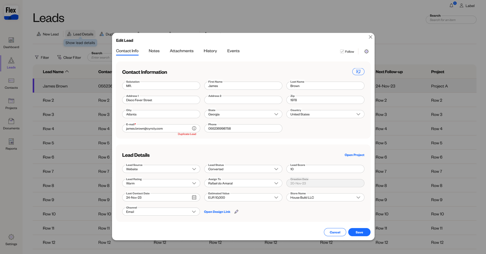 Lead management interface in the Flex platform, displaying editable fields for contact information and lead details.