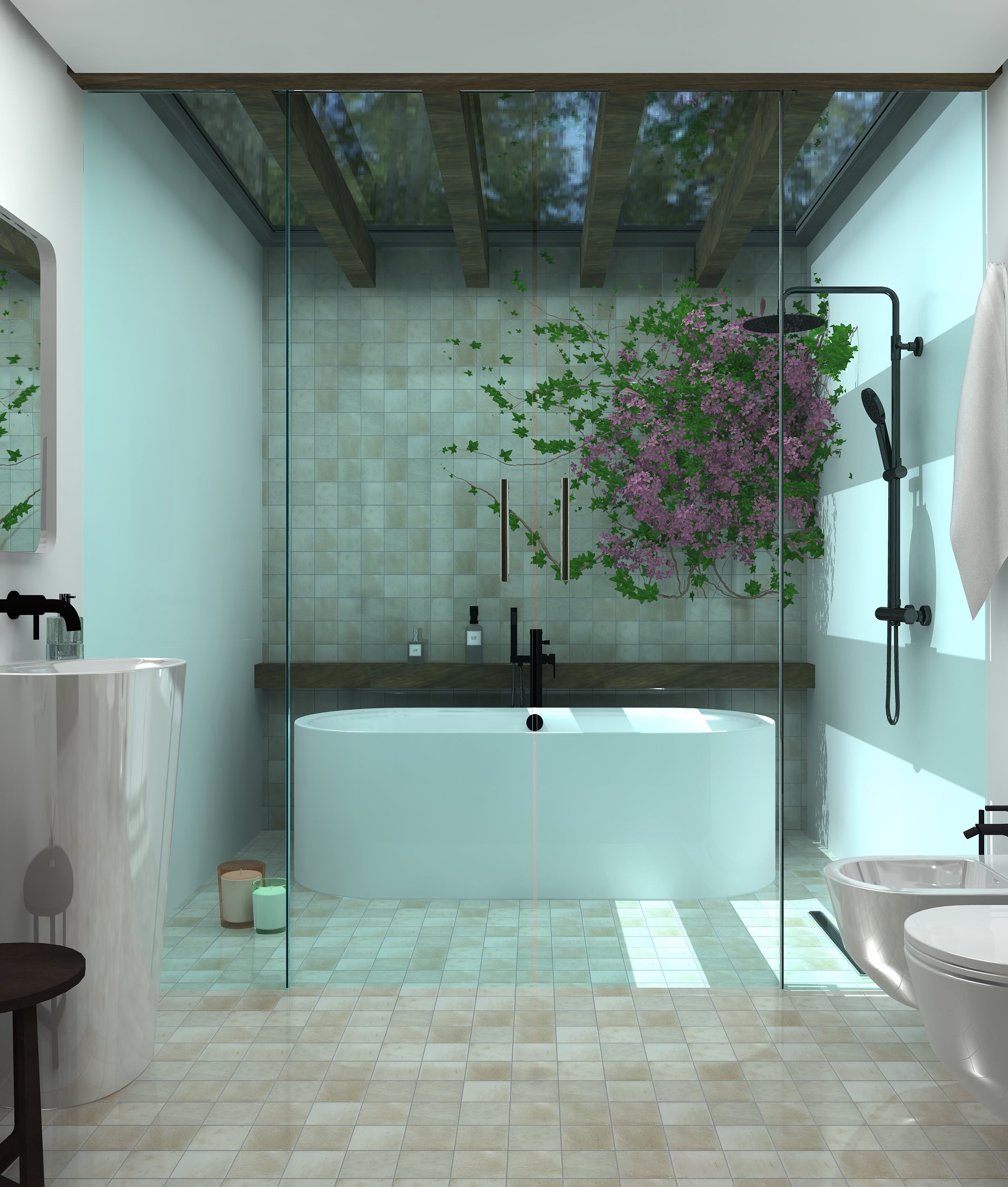 A Virtual Worlds render of a minimalist bathroom with a freestanding bathtub under a skylight, surrounded by nature-inspired tiles and floor-to-ceiling glass panels.