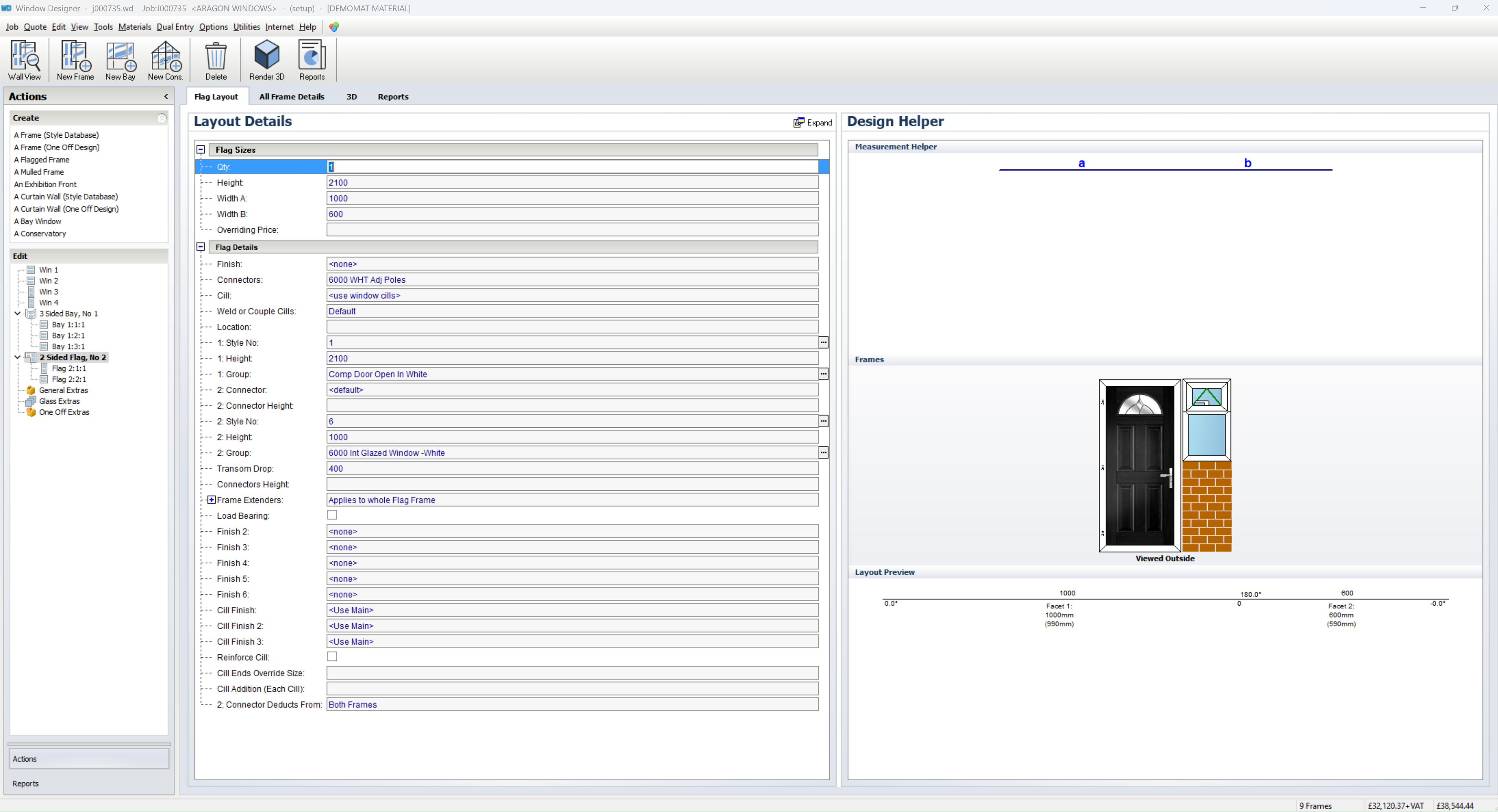 Screenshot titled "Win Sash Gearing - TEST" showing job details for a window order, including sash and frame sizes, parts list with item codes and descriptions, and a schematic window diagram at the bottom left.