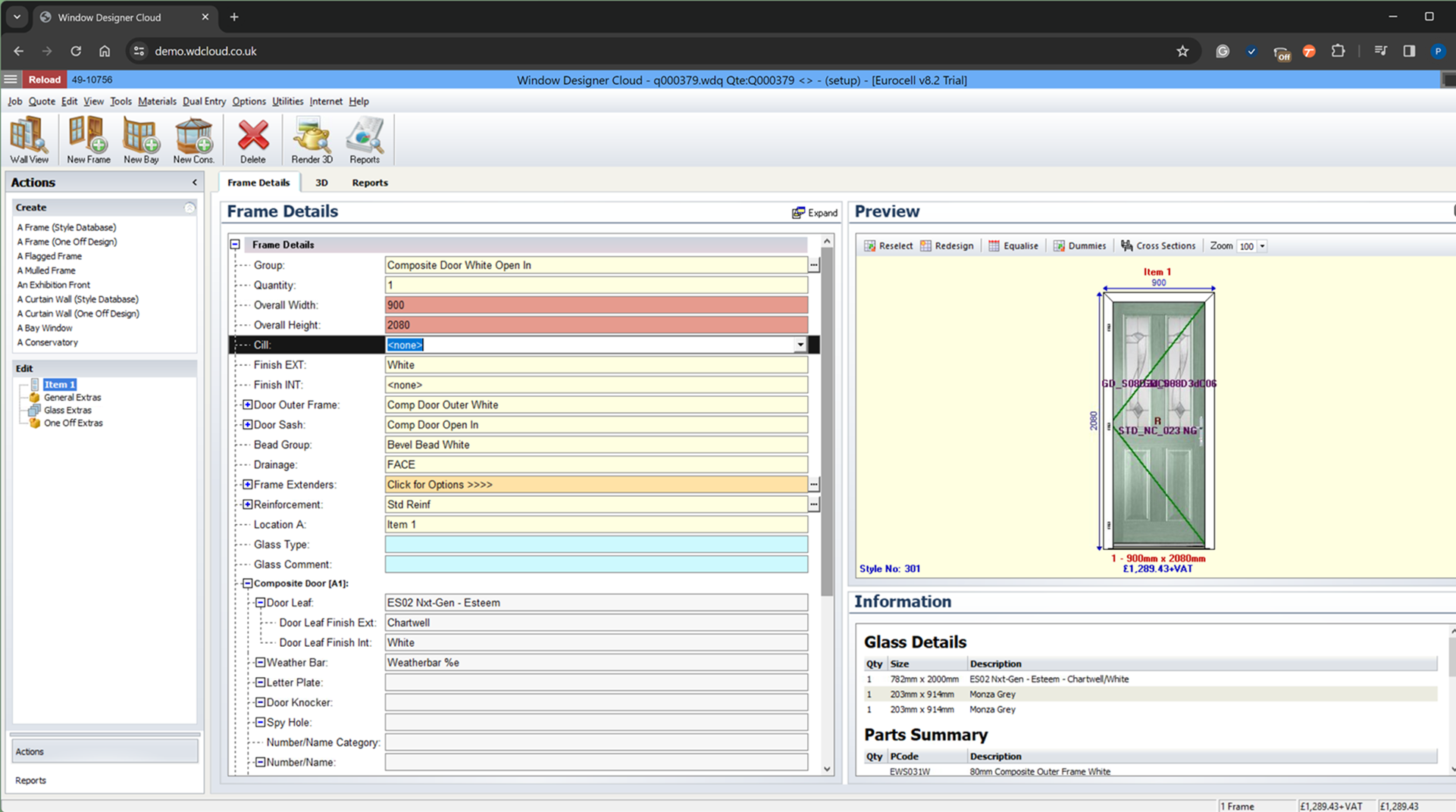 A screenshot of the B2B eCommerce capability in the Window Designer software. It shows frame details for a composite door with specifications like overall width, height, finish, and various attributes like door sash, bead group, and glass type. The right panel displays a preview of the door design with dimensions and layout.