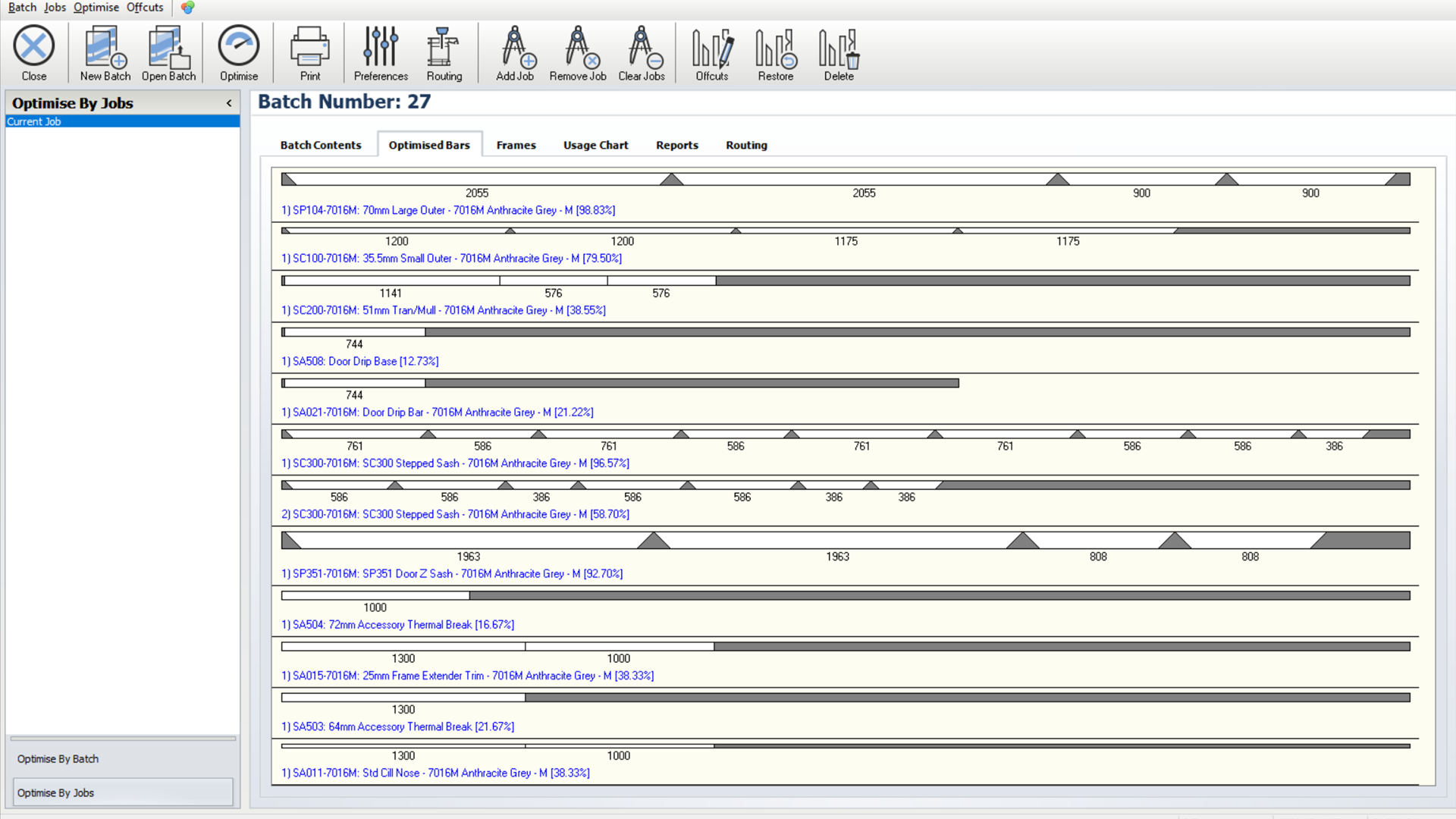 A screenshot of the Lineal Optimization capability in the Window Designer software. It shows batch number 27 with a list of optimized bars, frames, and their dimensions. The screen includes various options and tools for optimizing jobs and managing offcuts.