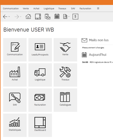 Screenshot of the Winner Bizz software's welcome page, presenting a grid menu with icons for communication, leads/prospects, sales, logistics, and more.