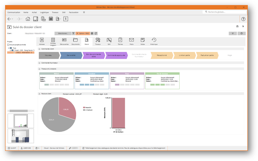 Screenshot of Winner Bizz software’s client questionnaire module, displaying fields for collecting information about housing type, kitchen preferences, and project specifications.